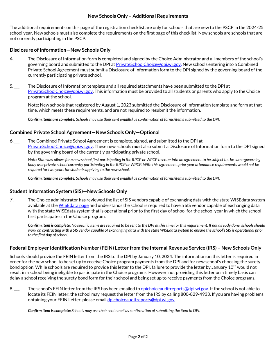 Private School Choice Programs (Pscp or Choice) School Registration Checklist - Wisconsin, Page 2