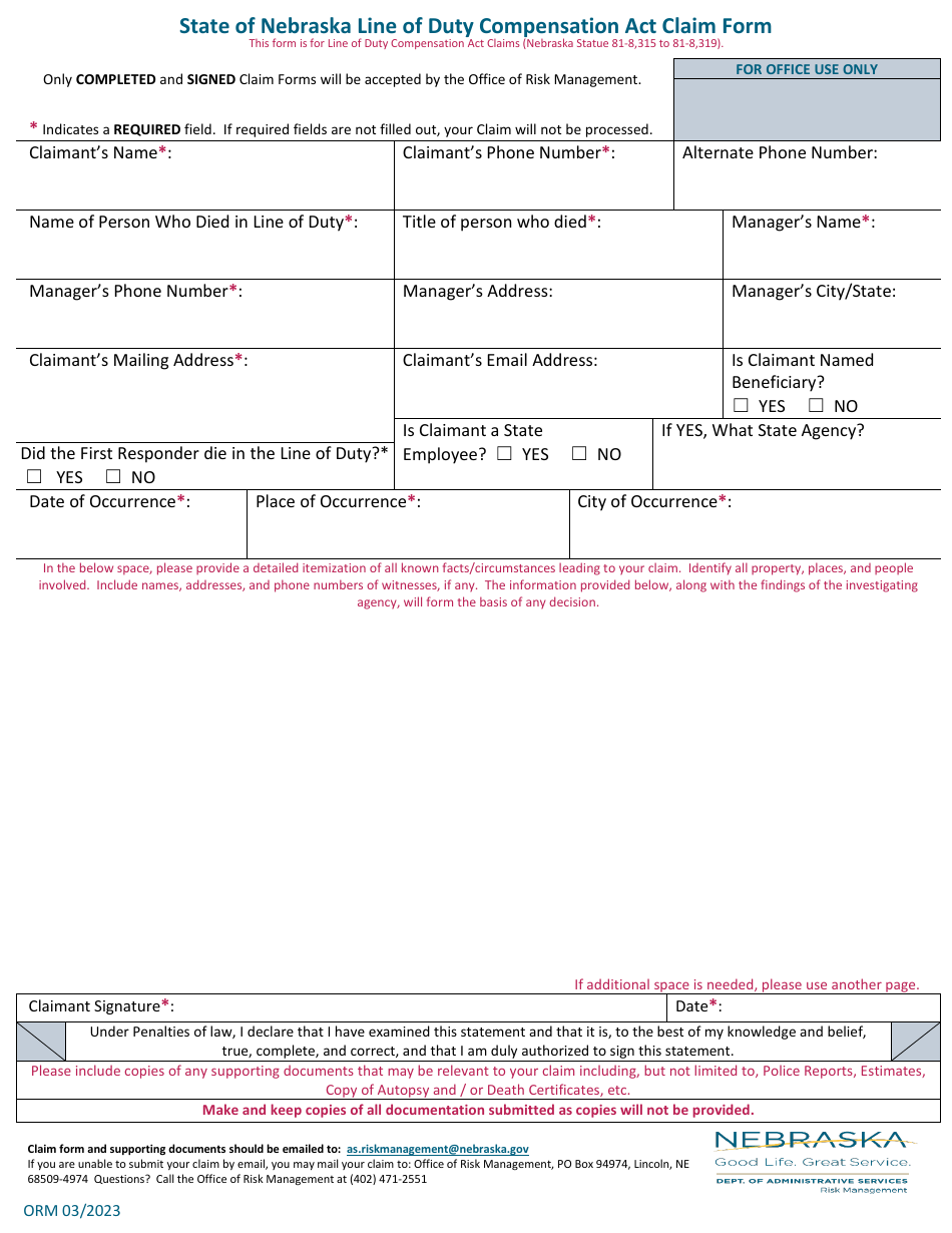 Nebraska Line of Duty Compensation Act Claim Form Fill Out, Sign