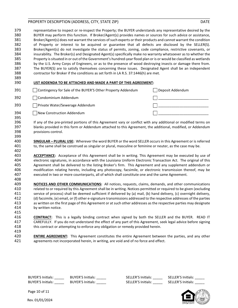 Louisiana Residential Agreement to Buy or Sell - Louisiana, Page 10