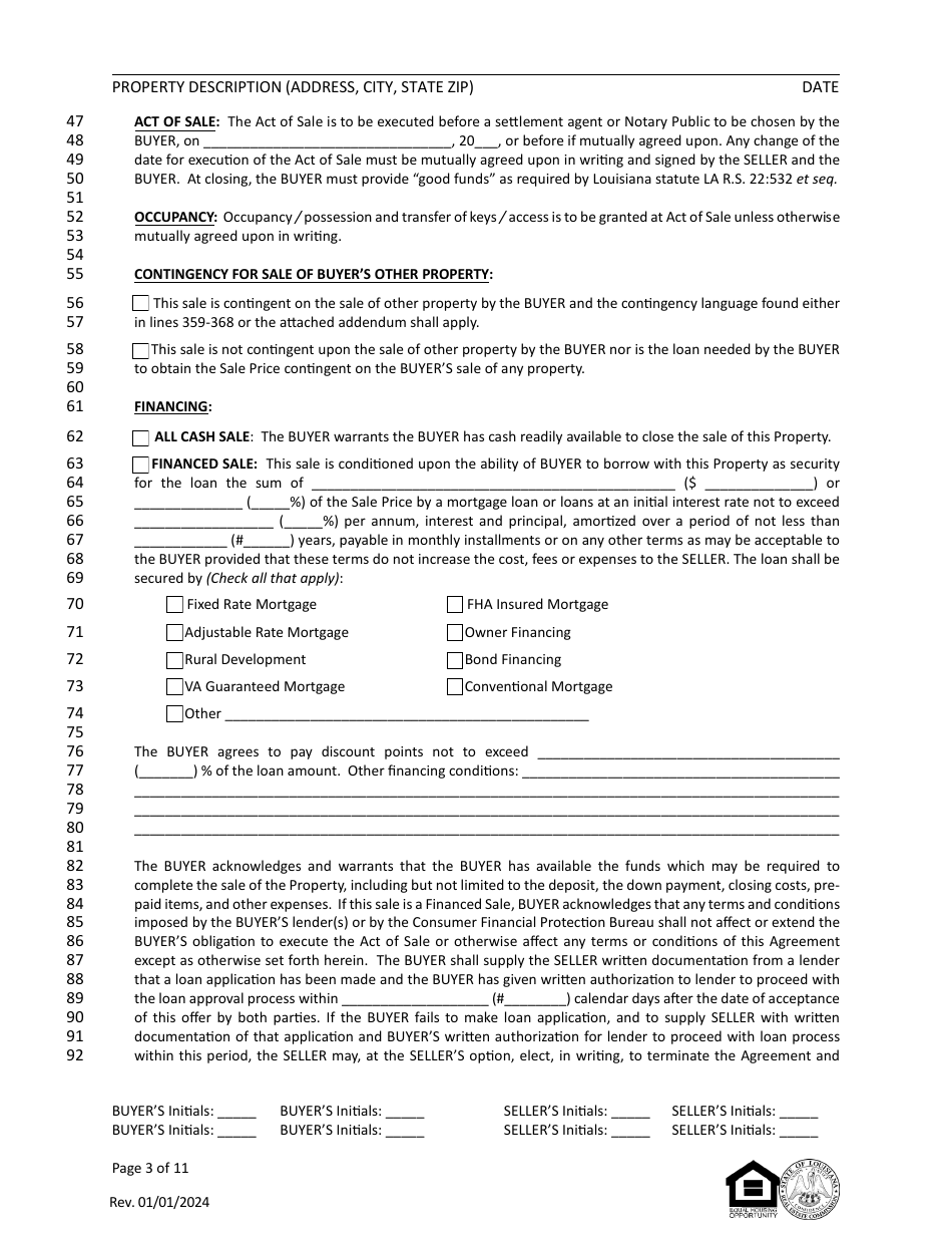 Louisiana Residential Agreement to Buy or Sell - Louisiana, Page 3