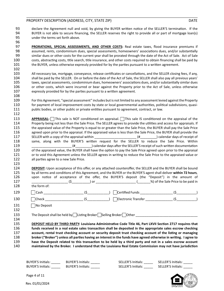 Louisiana Residential Agreement to Buy or Sell - Louisiana, Page 4