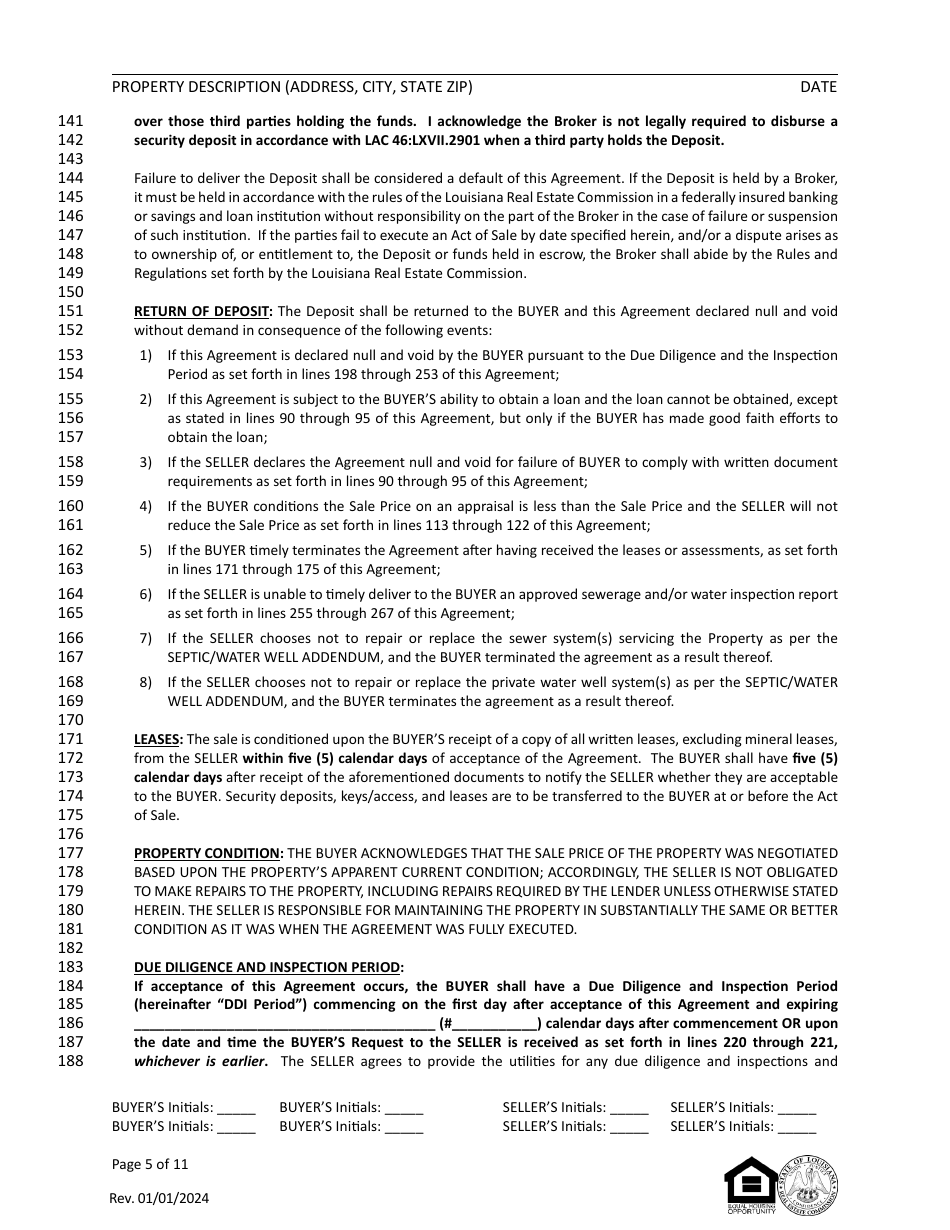 Louisiana Residential Agreement to Buy or Sell - Louisiana, Page 5