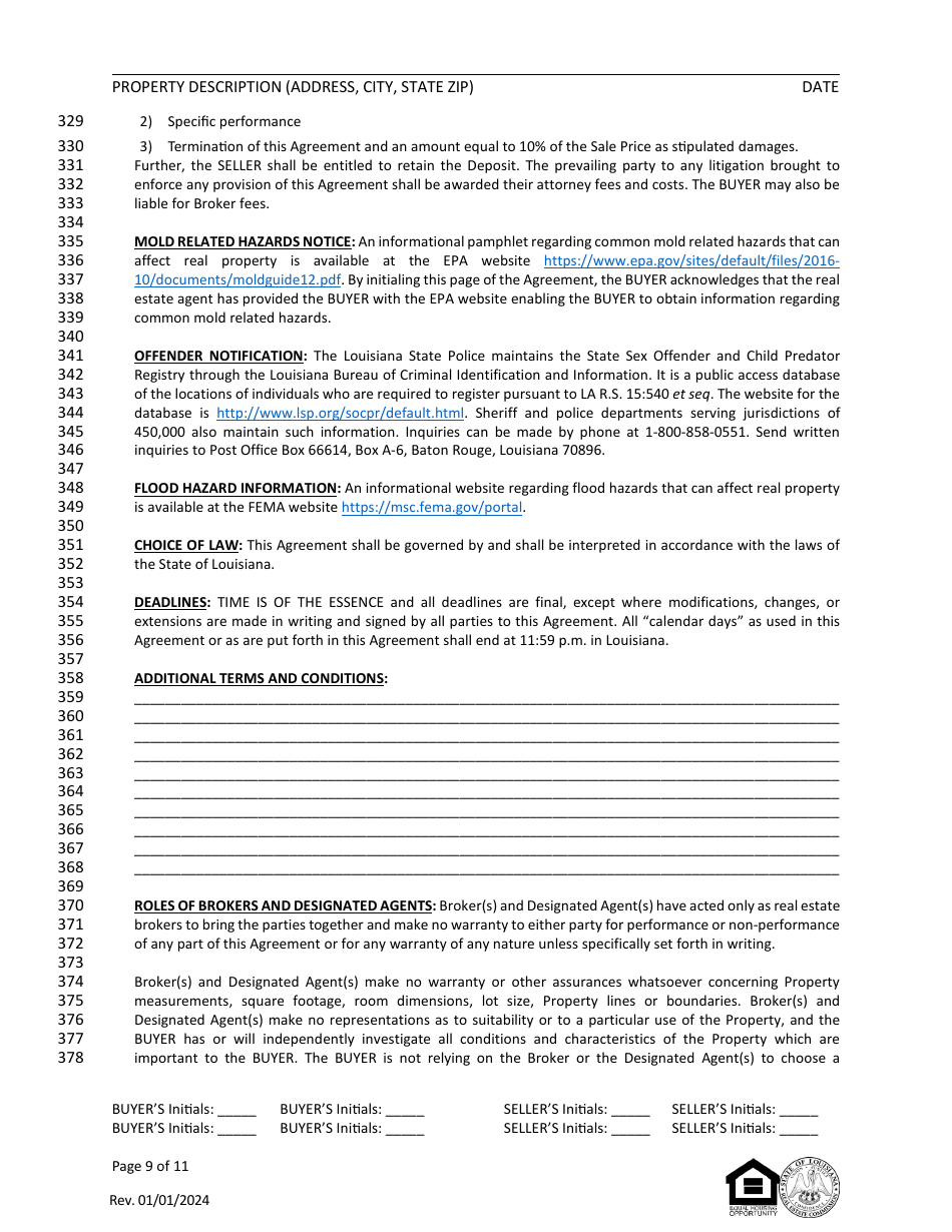 Louisiana Residential Agreement to Buy or Sell - Louisiana, Page 9