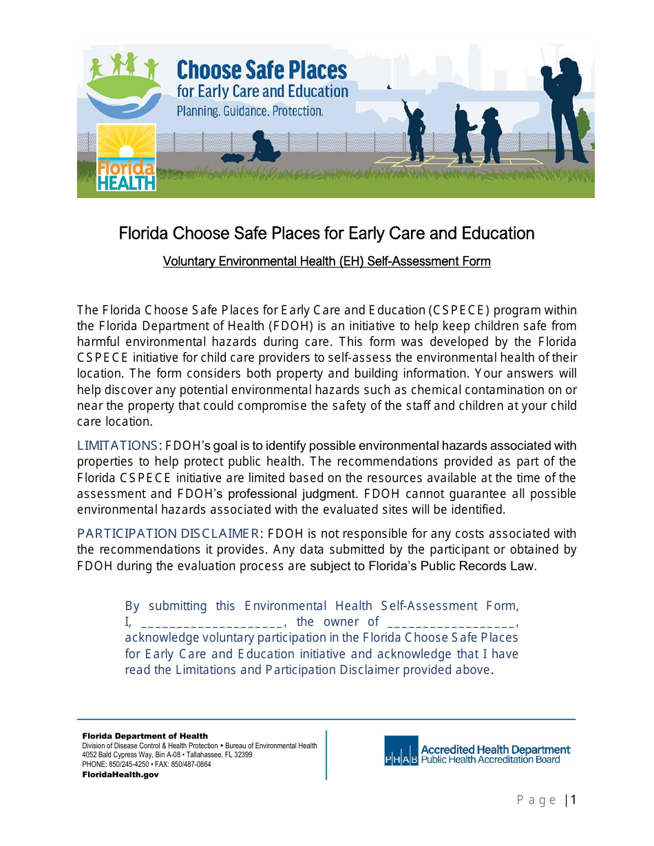 Voluntary Environmental Health (Eh) Self-assessment Form for Child Care Providers - Florida Choose Safe Places for Early Care and Education - Florida, Page 1