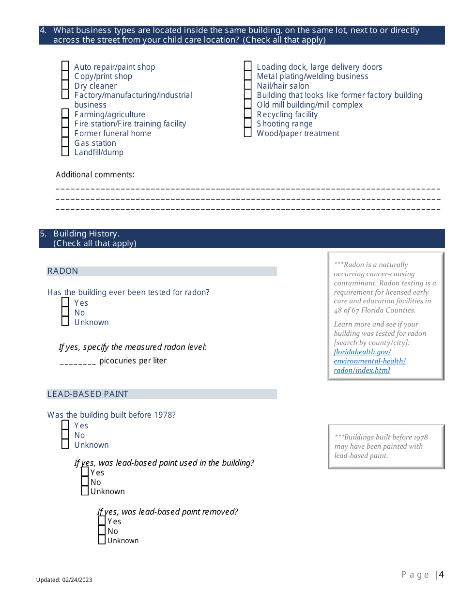 Voluntary Environmental Health (Eh) Self-assessment Form for Child Care Providers - Florida Choose Safe Places for Early Care and Education - Florida, Page 4