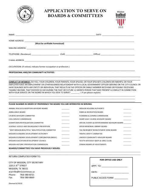 Application to Serve on Boards & Committees - City of Mission, Texas Download Pdf