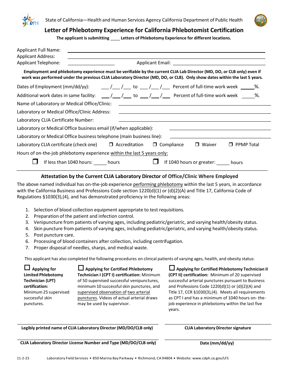 Letter of Phlebotomy Experience for California Phlebotomist Certification - California, Page 1