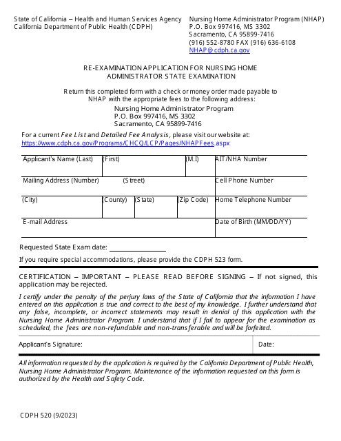 Form CDPH520 Re-examination Application for Nursing Home Administrator State Examination - California