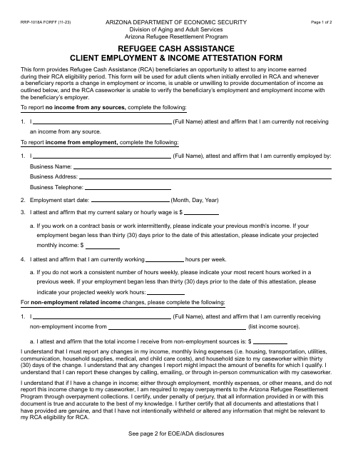 Form RRP-1018A Refugee Cash Assistance Client Employment & Income Attestation Form - Arizona