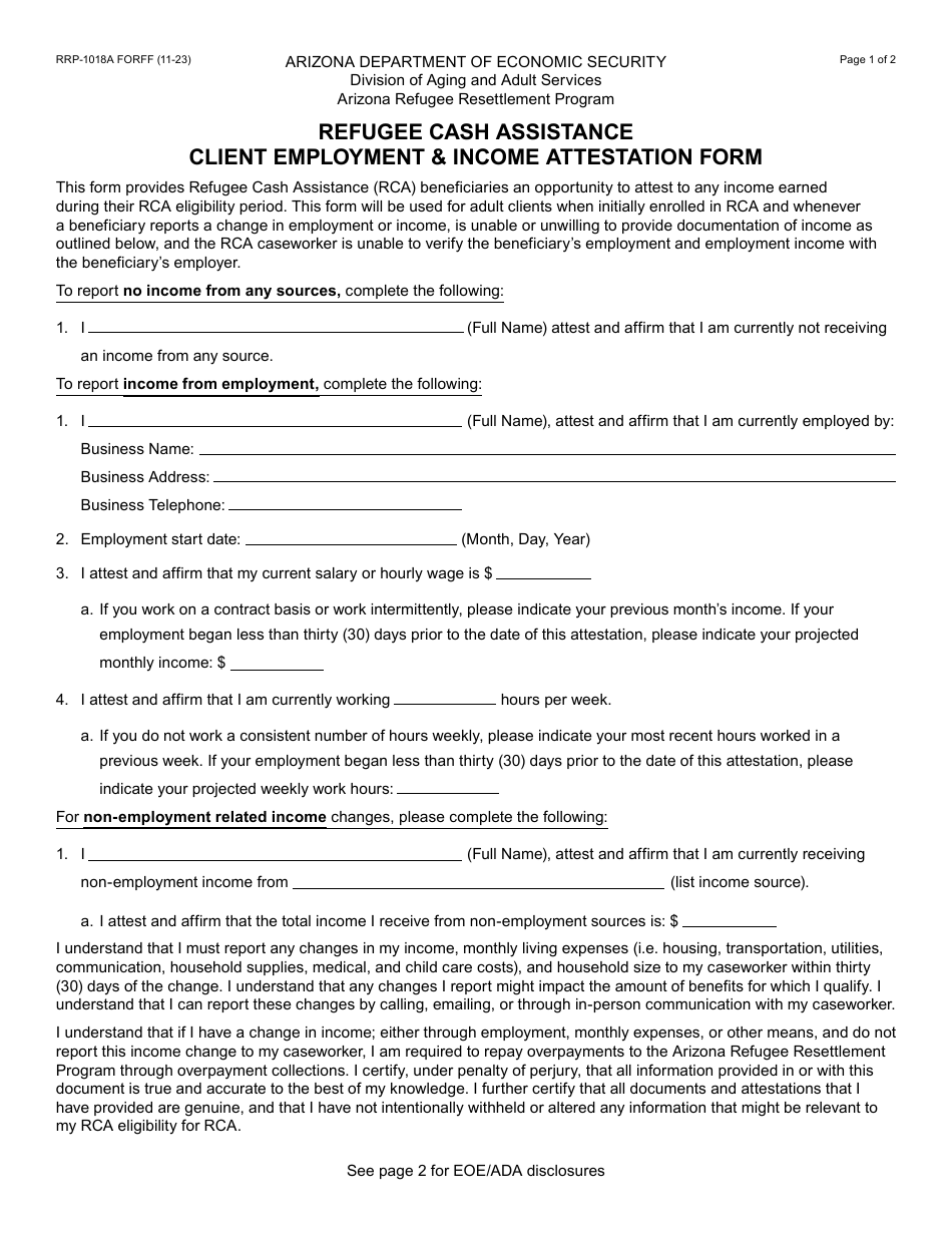 Form RRP-1018A Refugee Cash Assistance Client Employment  Income Attestation Form - Arizona, Page 1