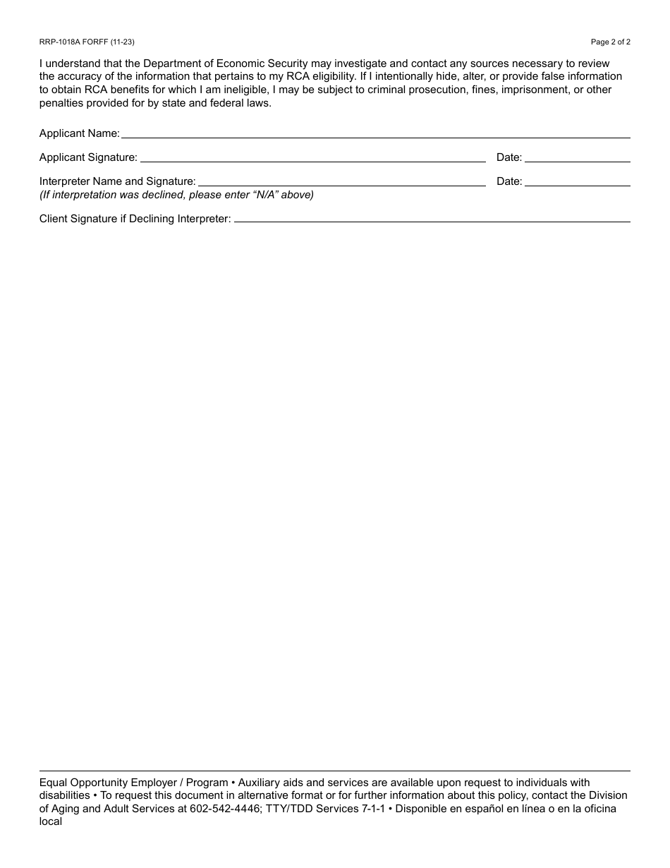 Form RRP-1018A Refugee Cash Assistance Client Employment  Income Attestation Form - Arizona, Page 2