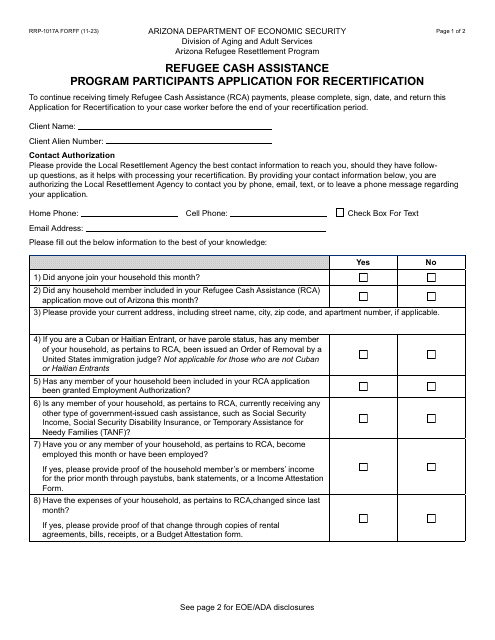 Form RRP-1017A Refugee Cash Assistance Program Participants Application for Recertification - Arizona