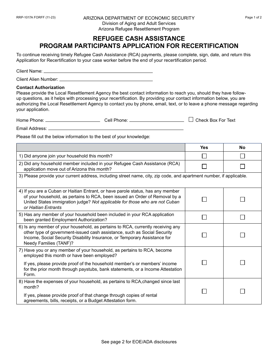 Form RRP-1017A Refugee Cash Assistance Program Participants Application for Recertification - Arizona, Page 1