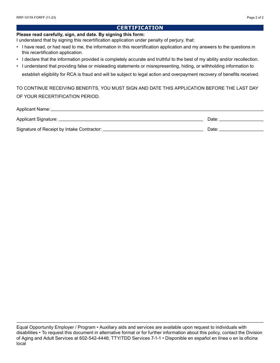 Form RRP-1017A Refugee Cash Assistance Program Participants Application for Recertification - Arizona, Page 2