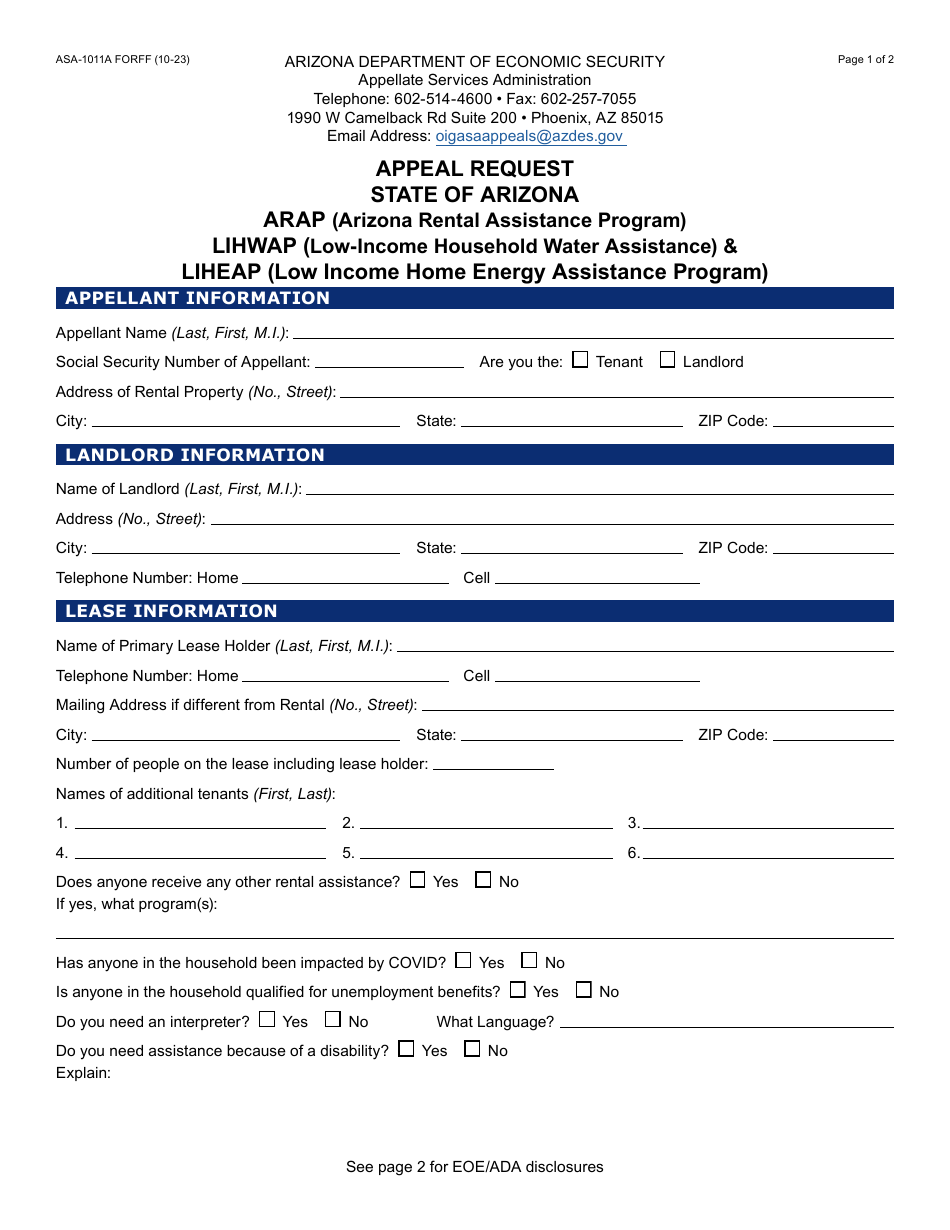 Form ASA-1011A Appeal Request - Arap, Lihwap  Liheap - Arizona, Page 1