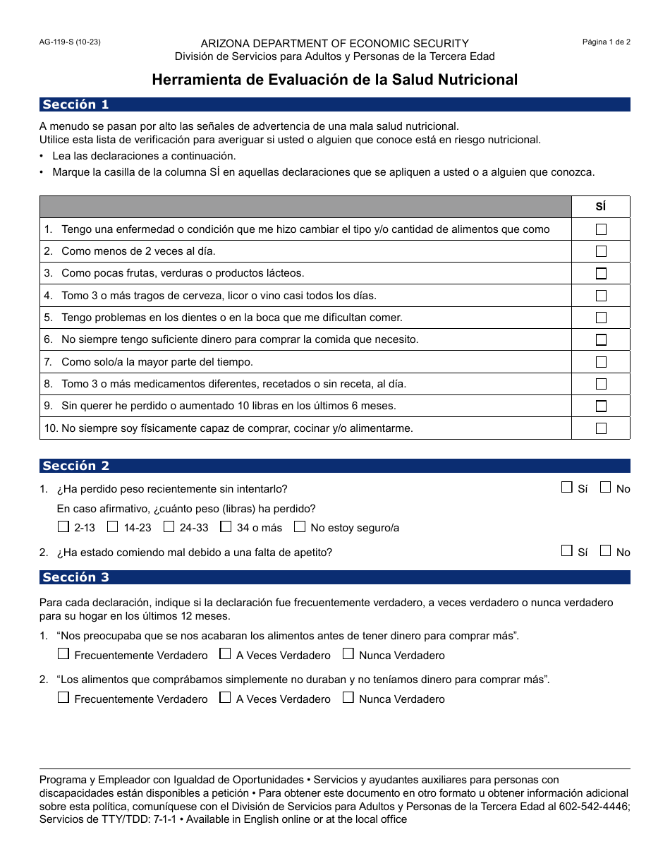 Formulario AG-119-S Herramienta De Evaluacion De La Salud Nutricional - Arizona (Spanish), Page 1