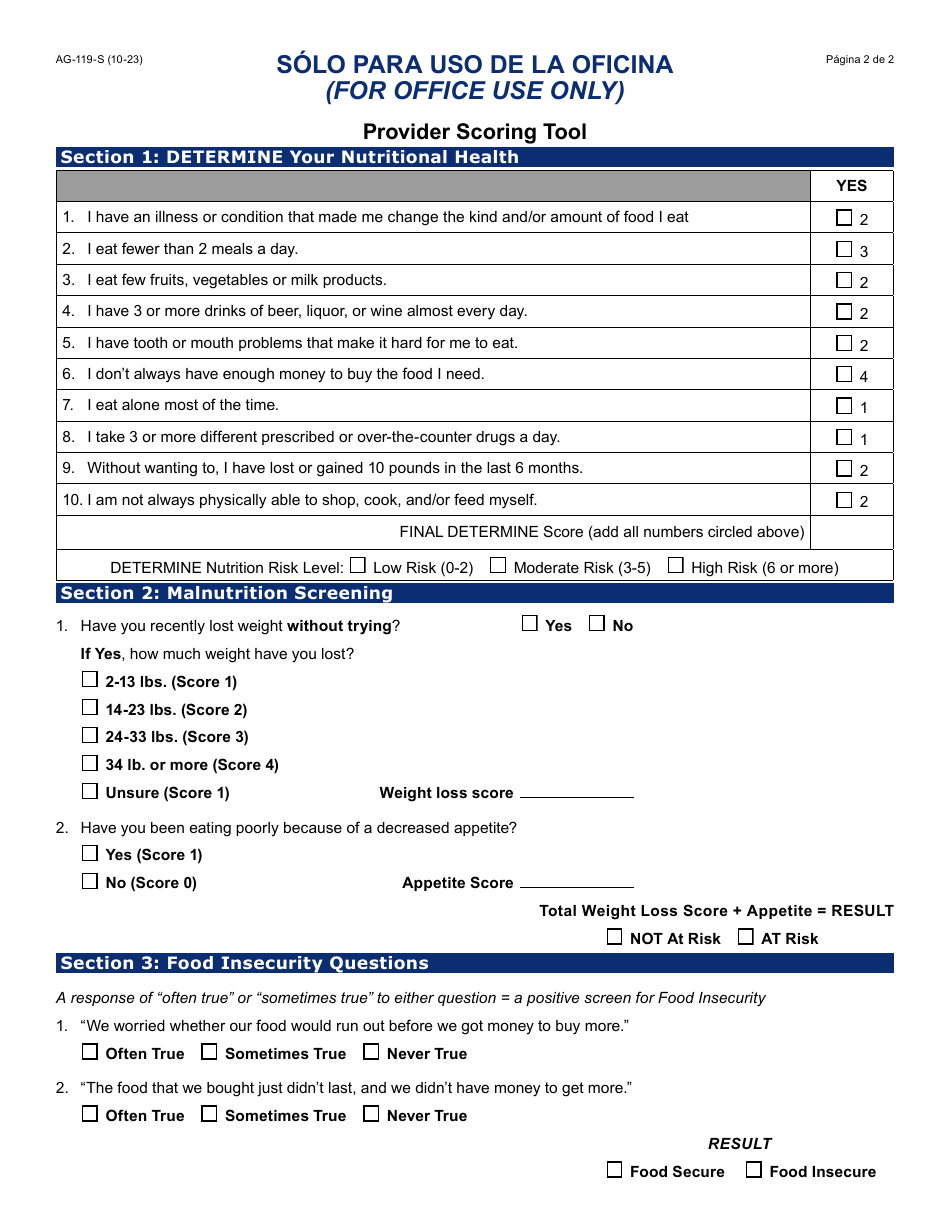 Formulario AG-119-S Herramienta De Evaluacion De La Salud Nutricional - Arizona (Spanish), Page 2