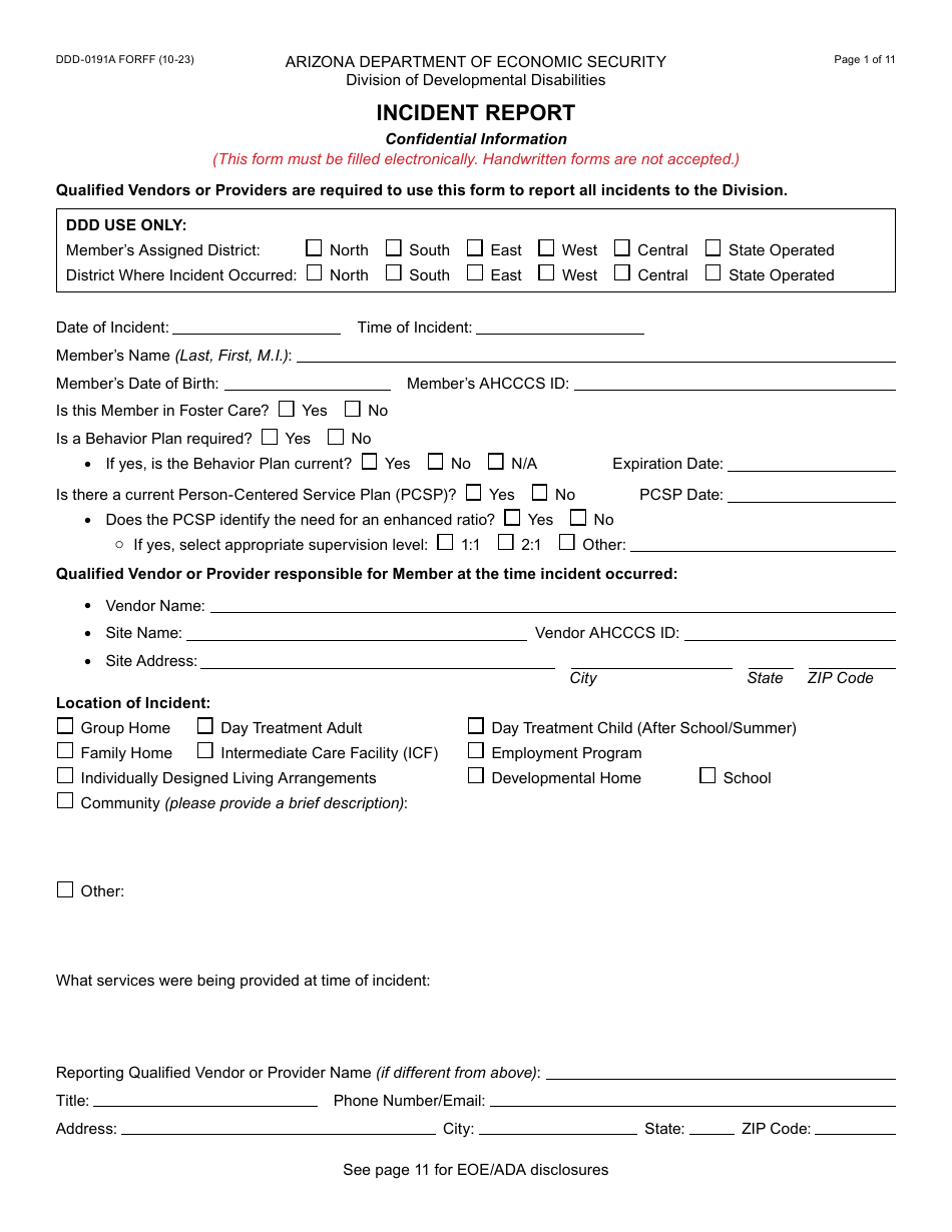 Form DDD-0191A Incident Report - Arizona, Page 1