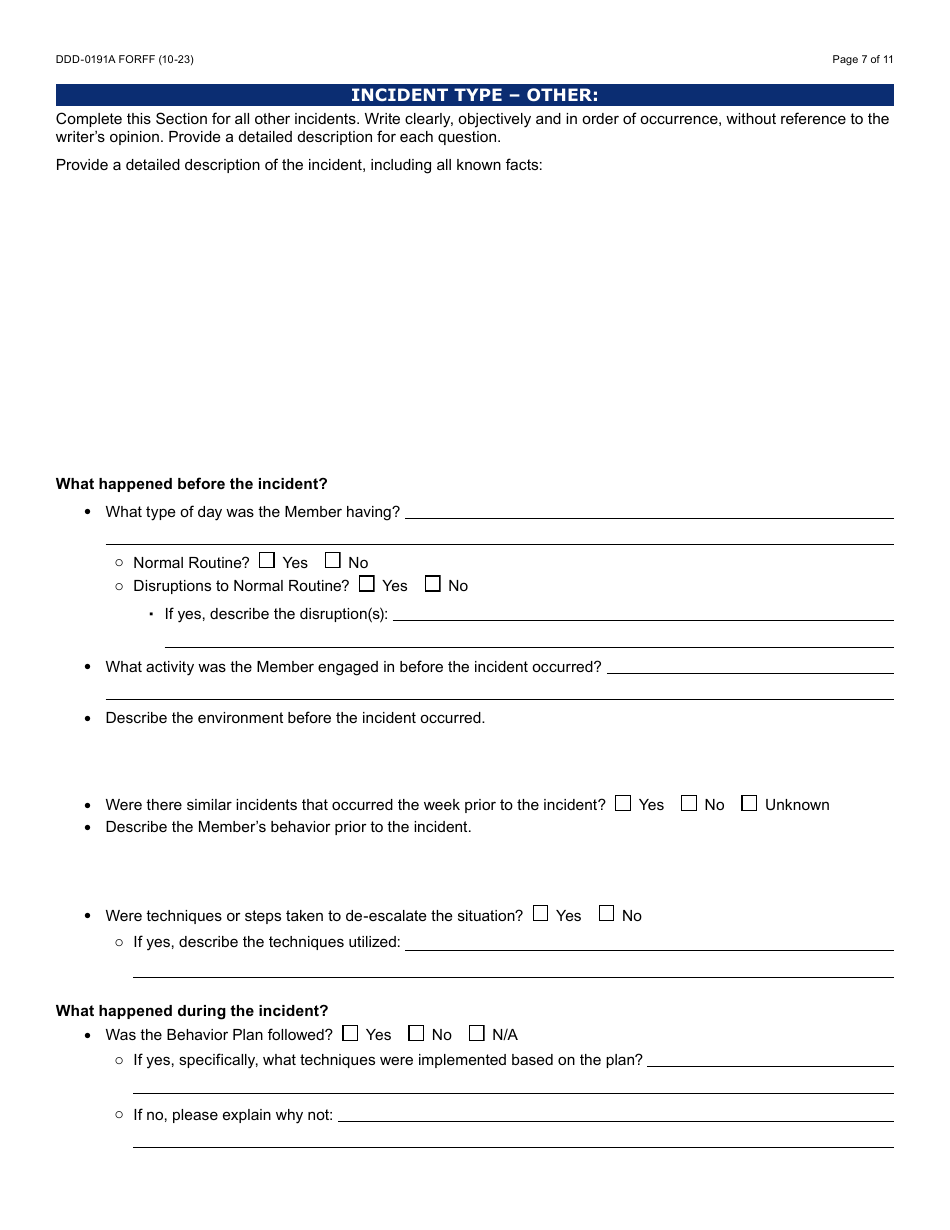Form DDD-0191A Incident Report - Arizona, Page 7