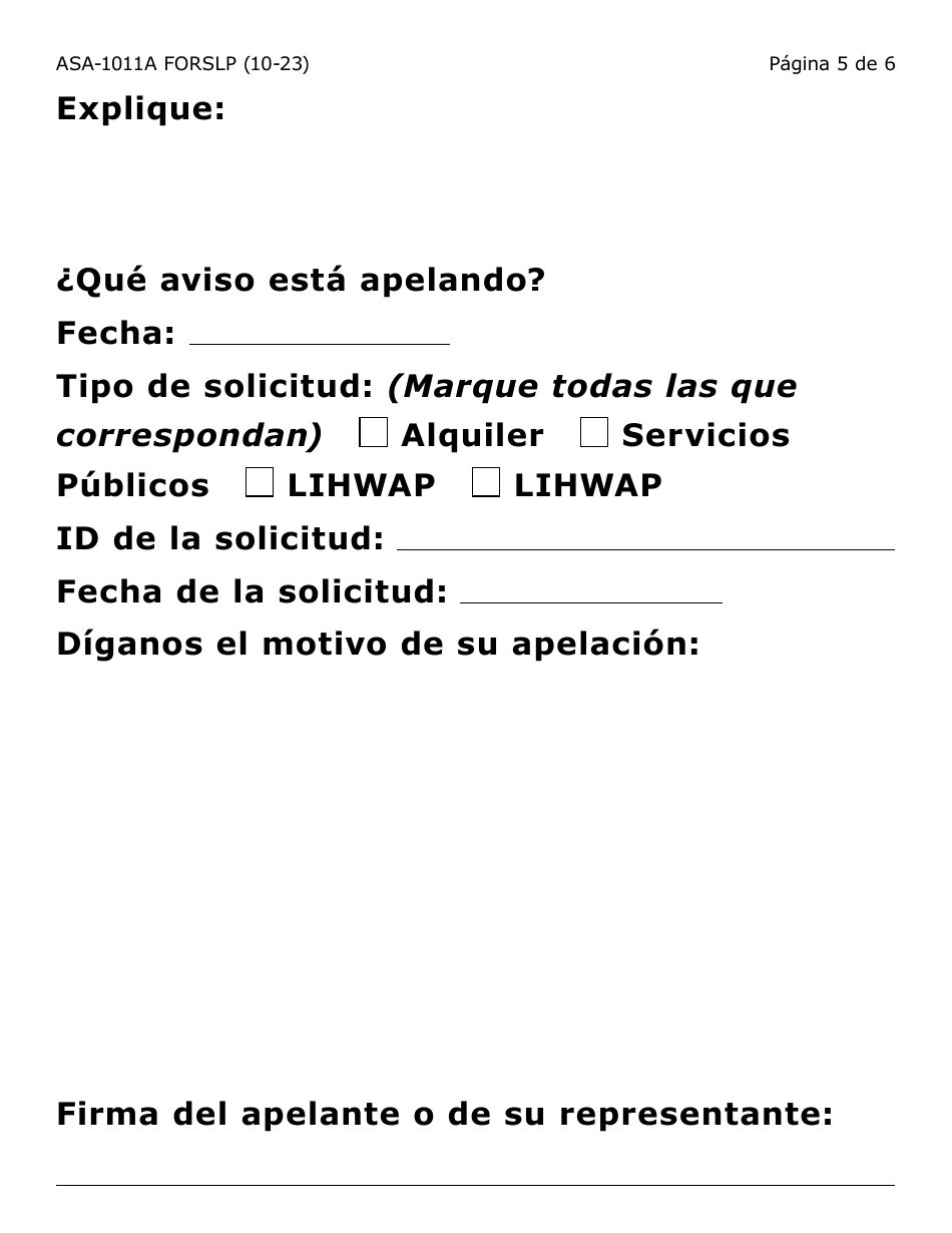 Formulario ASA-1011A-SLP Solicitud De Apelacion - Erap, Lihwap  Liheap - Letra Grande - Arizona (Spanish), Page 5