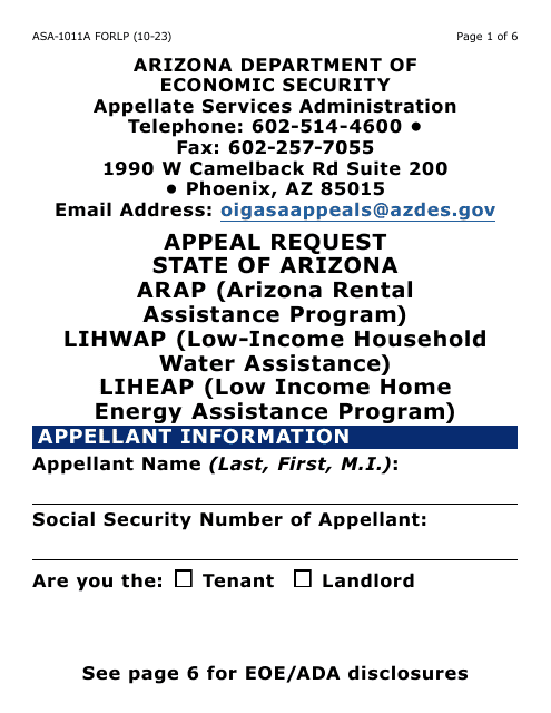 Form ASA-1011A-LP Appeal Request - Arap, Lihwap & Liheap - Large Print - Arizona