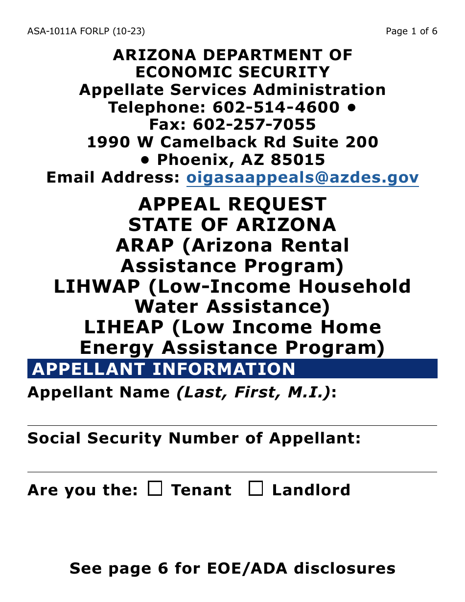 Form ASA-1011A-LP Appeal Request - Arap, Lihwap  Liheap - Large Print - Arizona, Page 1
