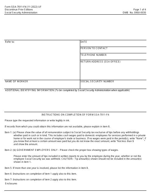 Form SSA-7011-F4 Statement of Employer