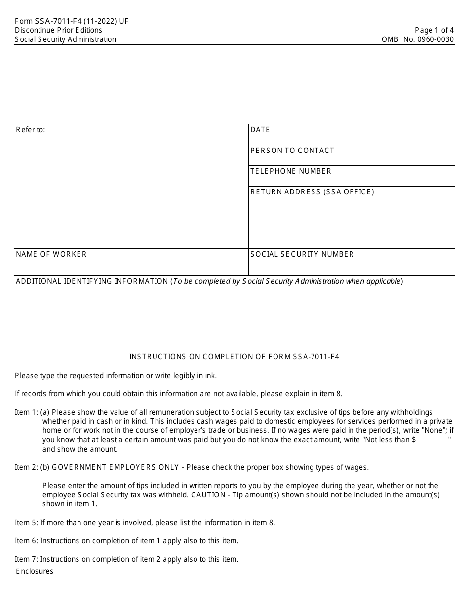 Form SSA-7011-F4 Statement of Employer, Page 1