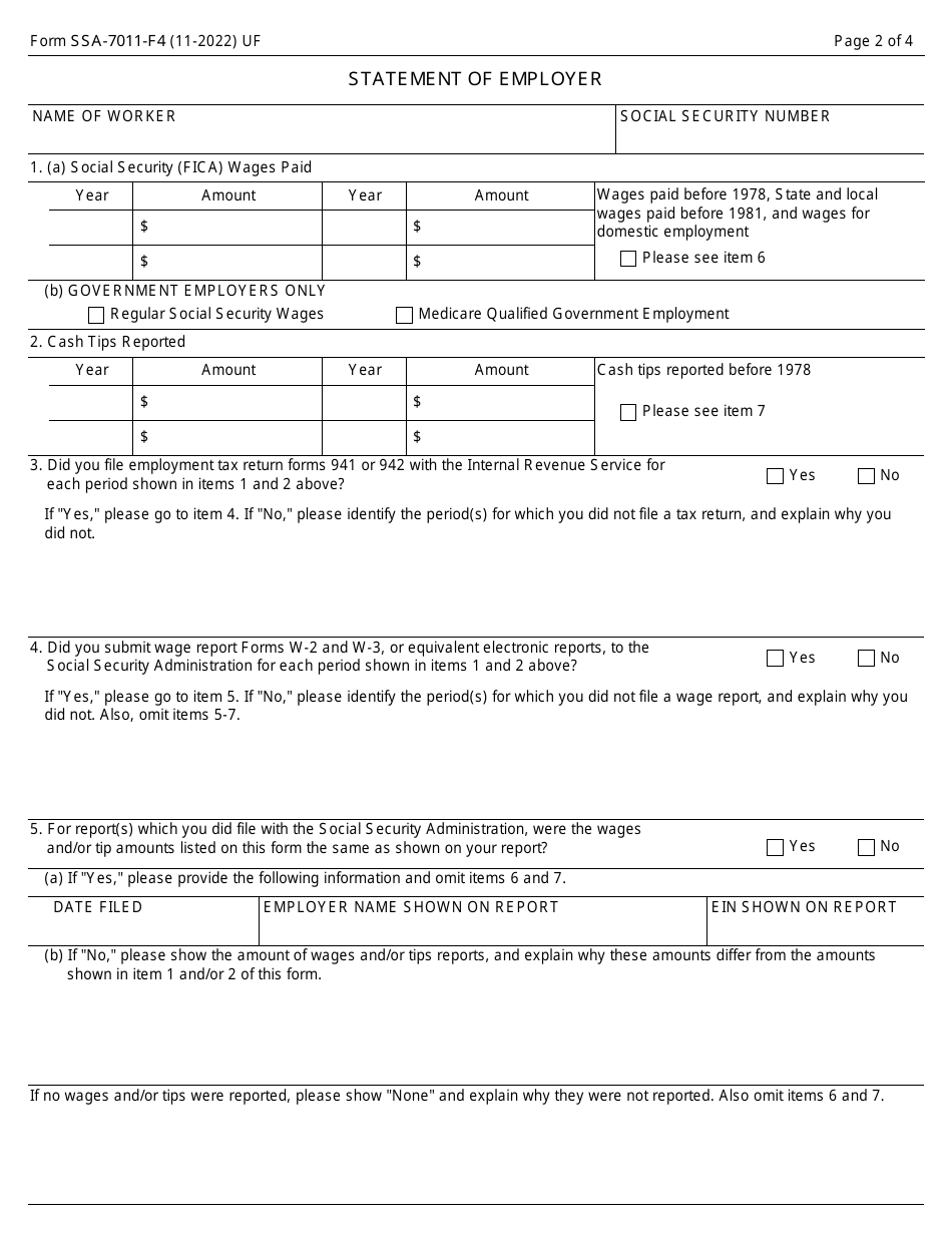 Form SSA-7011-F4 Statement of Employer, Page 2