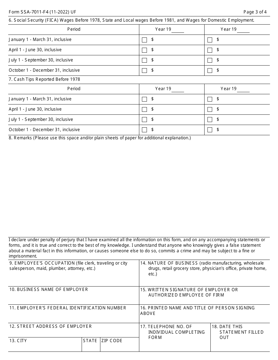 Form SSA-7011-F4 Statement of Employer, Page 3