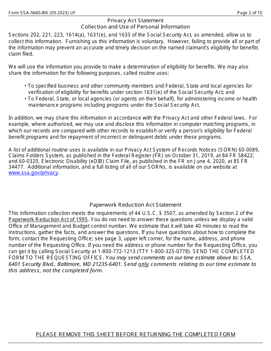 Form SSA-5665-BK Teacher Questionnaire, Page 2