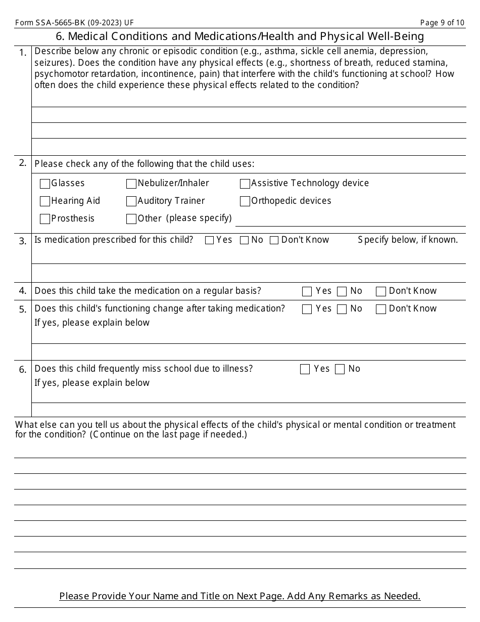 Form SSA-5665-BK Teacher Questionnaire, Page 9