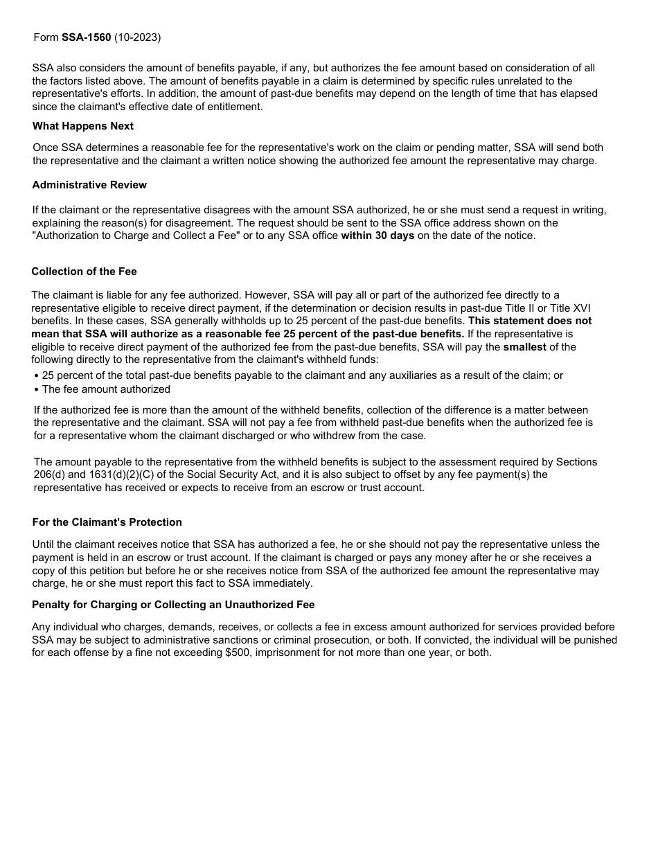 Form SSA-1560 Petition for Authorization to Charge and Collect a Fee for Services Before the Social Security Administration, Page 2