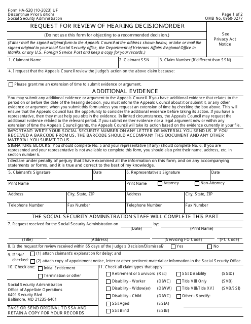 Form HA-520 Request for Review of Hearing Decision/Order