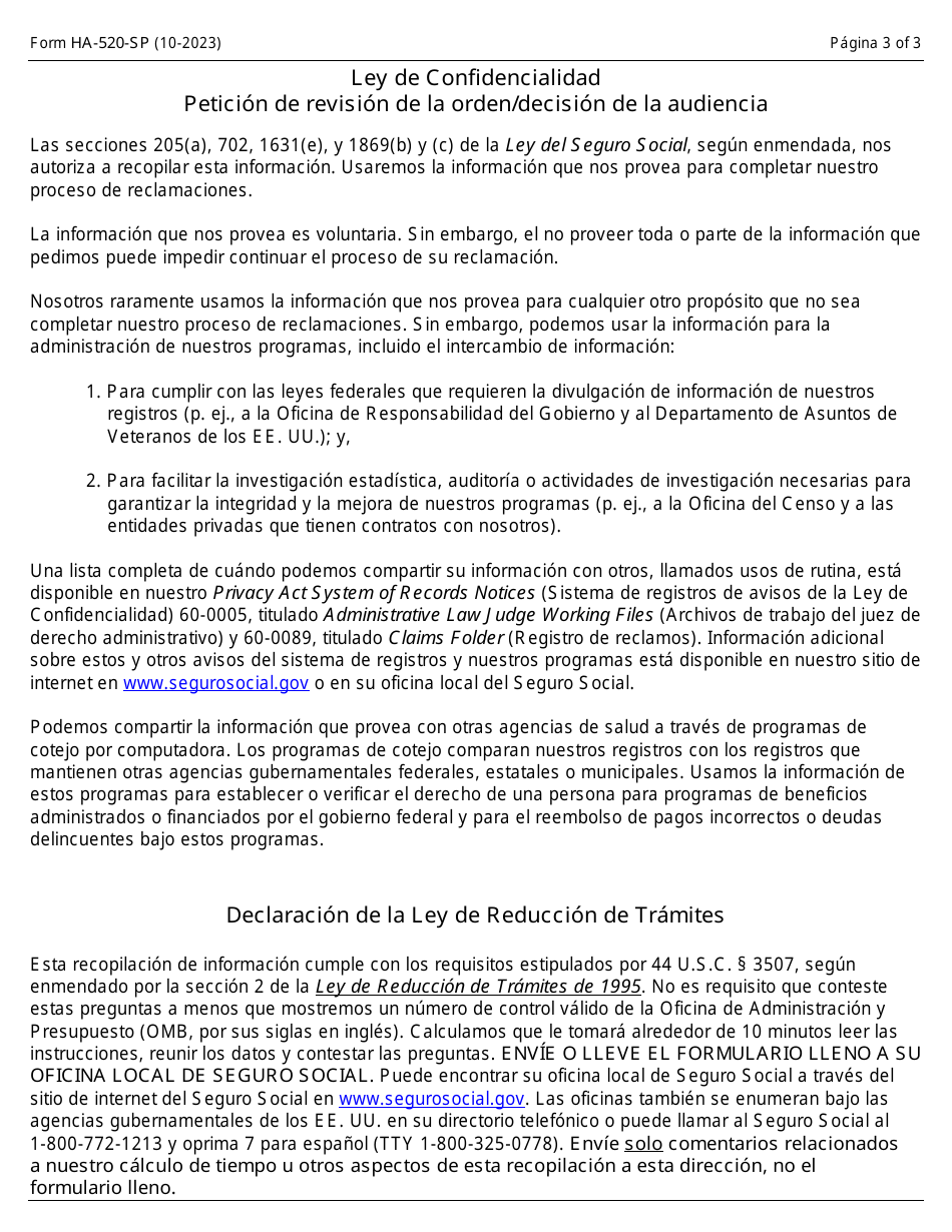 Formulario HA-520-SP Peticion De Revision De La Orden / Decision De La Audiencia (Spanish), Page 3