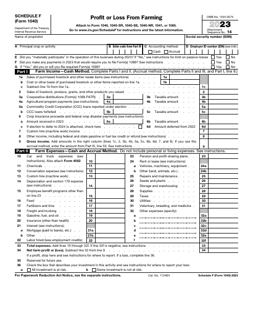 IRS Form 1040 Schedule F Profit or Loss From Farming, 2023