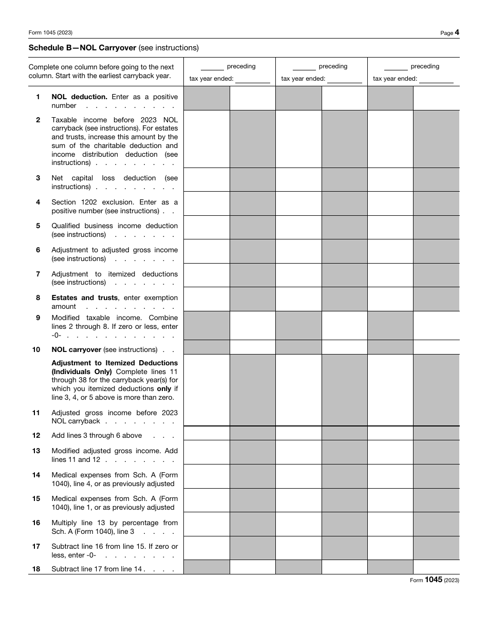 IRS Form 1045 Application for Tentative Refund, Page 4
