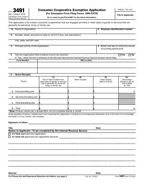 IRS Form 3491 Consumer Cooperative Exemption Application
