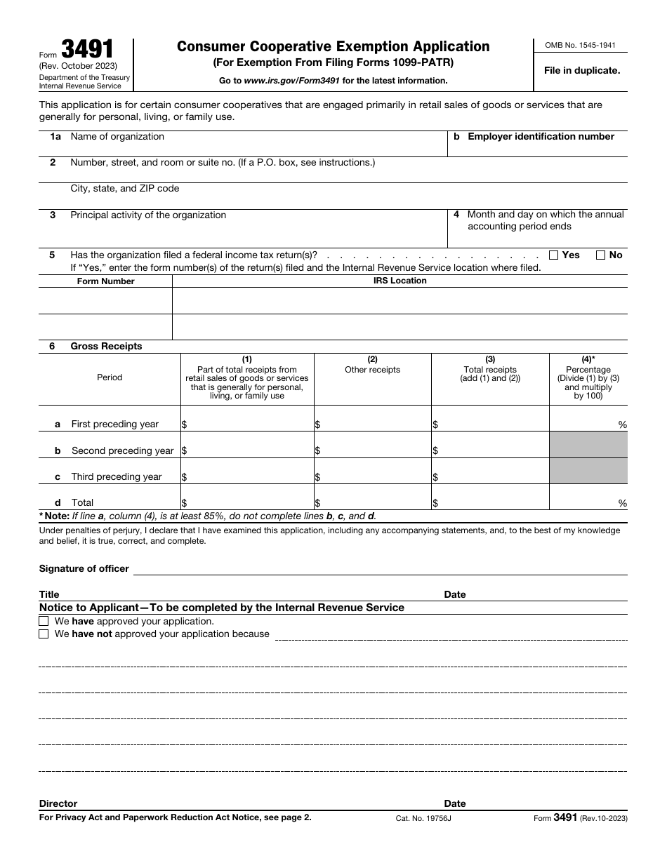 IRS Form 3491 Consumer Cooperative Exemption Application, Page 1