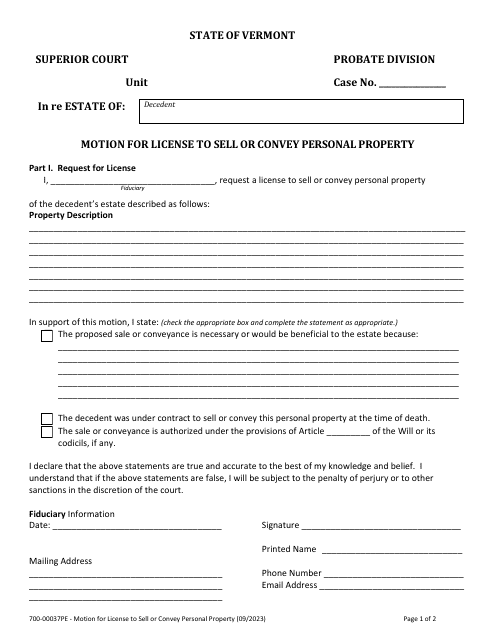 Form 700-00037PE Motion for License to Sell or Convey Personal Property - Vermont