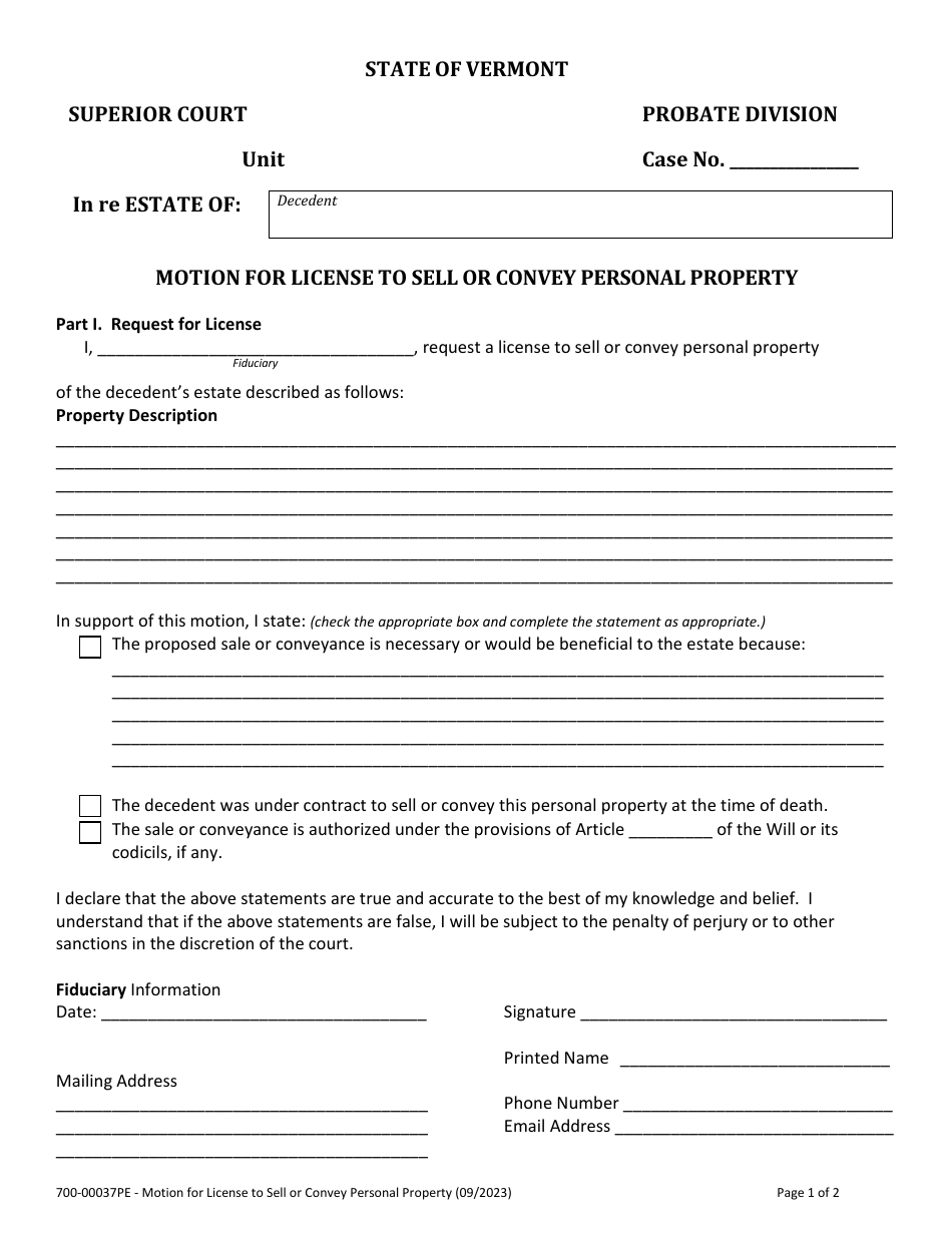 Form 700-00037PE Motion for License to Sell or Convey Personal Property - Vermont, Page 1