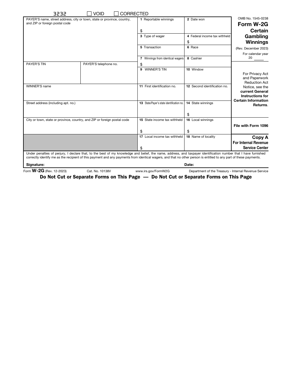 IRS Form W-2G Download Fillable PDF or Fill Online Certain Gambling ...