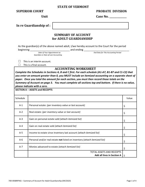 Form 700-00089PAG Summary of Account for Adult Guardianship - Vermont