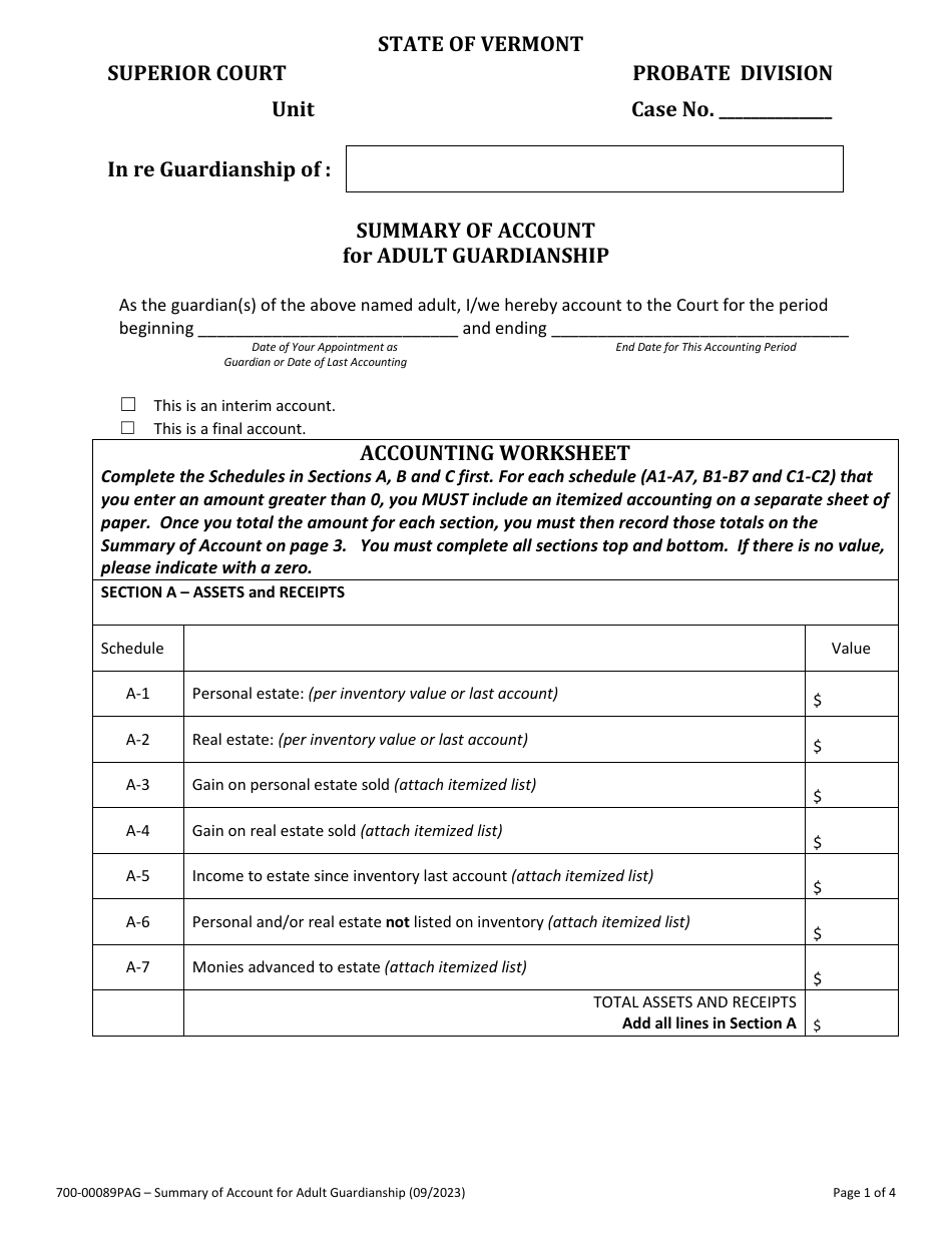 Form 700-00089PAG Summary of Account for Adult Guardianship - Vermont, Page 1