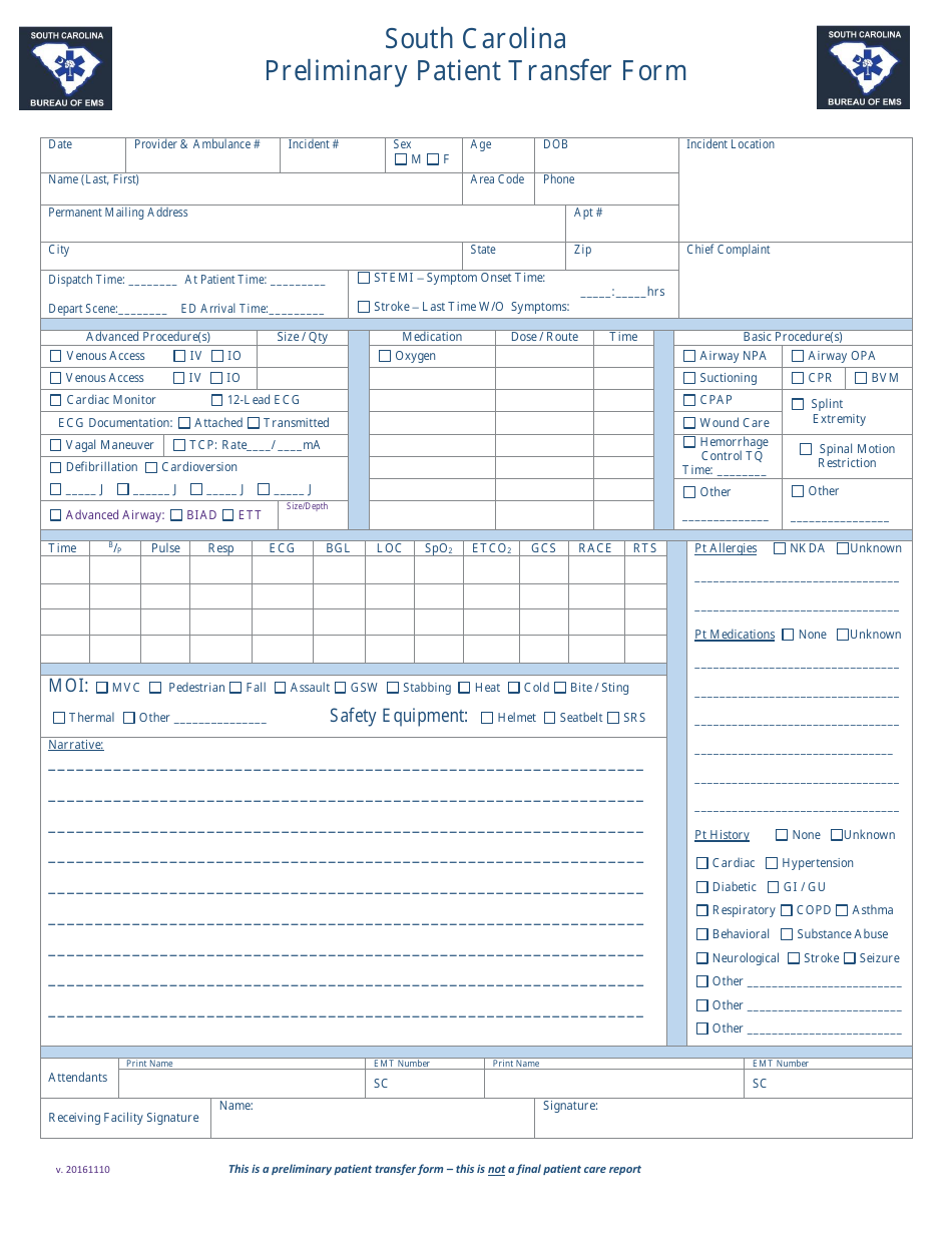 Preliminary Patient Transfer Form - South Carolina, Page 1