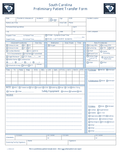 Preliminary Patient Transfer Form - South Carolina