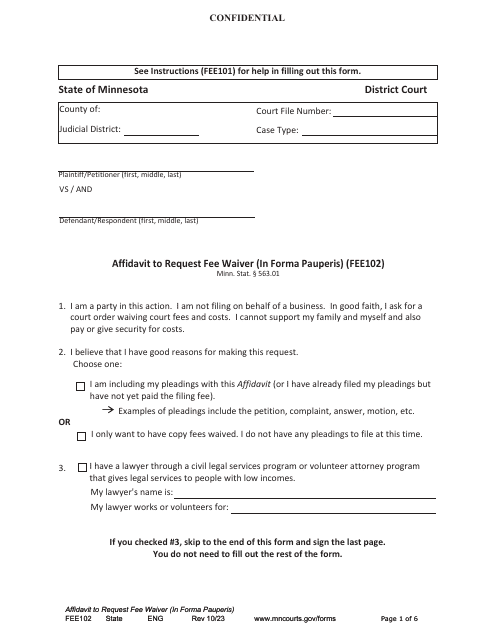 Form FEE102 Affidavit to Request Fee Waiver (In Forma Pauperis) - Minnesota