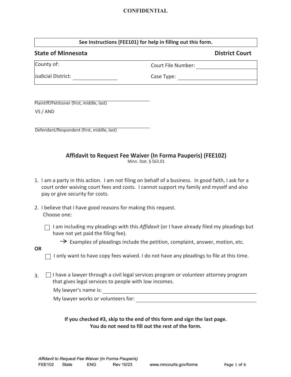 Form FEE102 Affidavit to Request Fee Waiver (In Forma Pauperis) - Minnesota, Page 1
