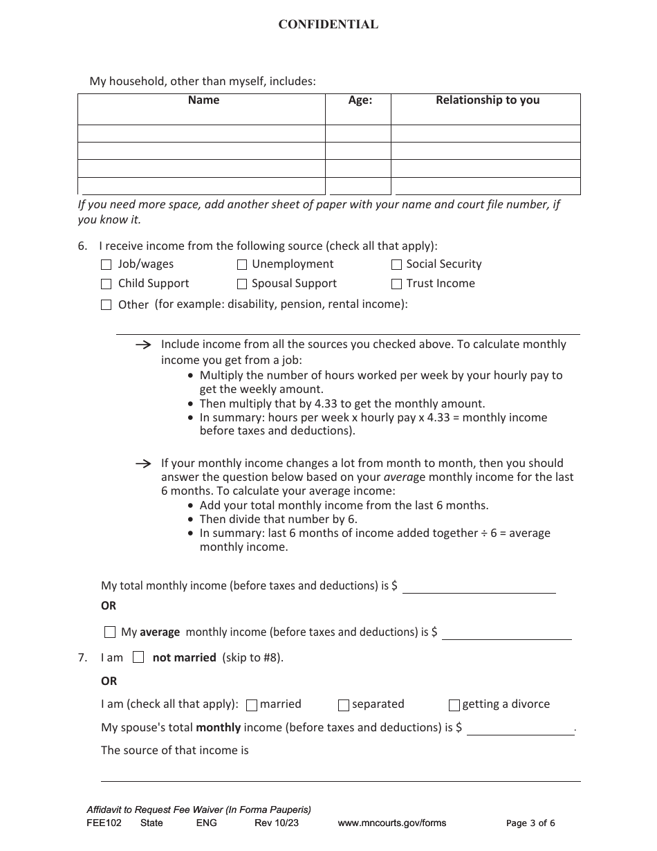 Form FEE102 Affidavit to Request Fee Waiver (In Forma Pauperis) - Minnesota, Page 3
