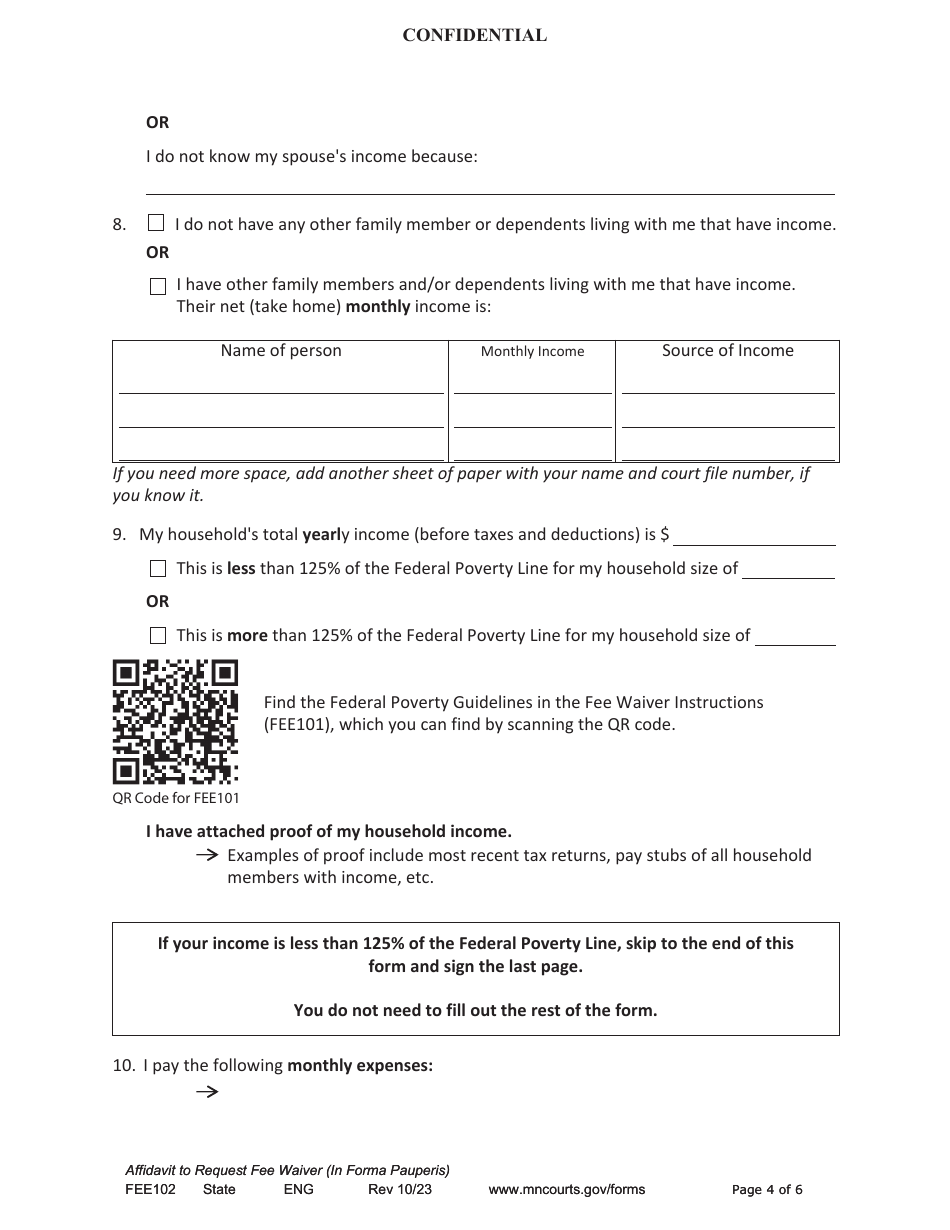 Form FEE102 Affidavit to Request Fee Waiver (In Forma Pauperis) - Minnesota, Page 4